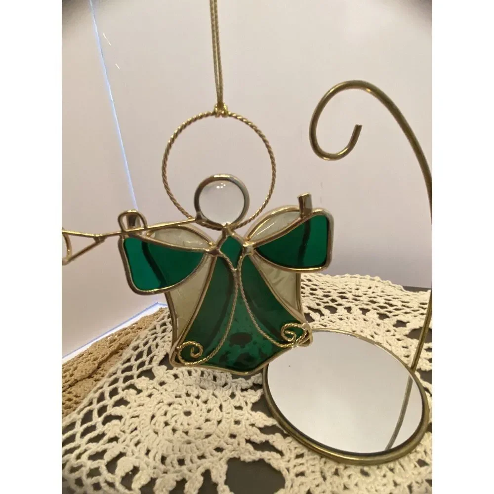VTG Green Stained Glass Angel Ornament Sun Catcher Gold Metal Trim 5